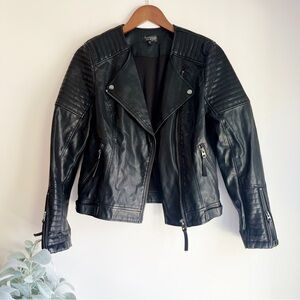 Topshop Black Leather Jacket with Quilted Shoulders and asymmetrical zip size 6